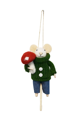 Wool Mouse Holding Mushroom Christmas Ornament Against White Background