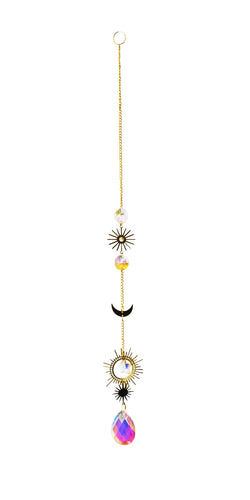 Decorative hanging chain with celestial symbols and a crystal teardrop on a white background