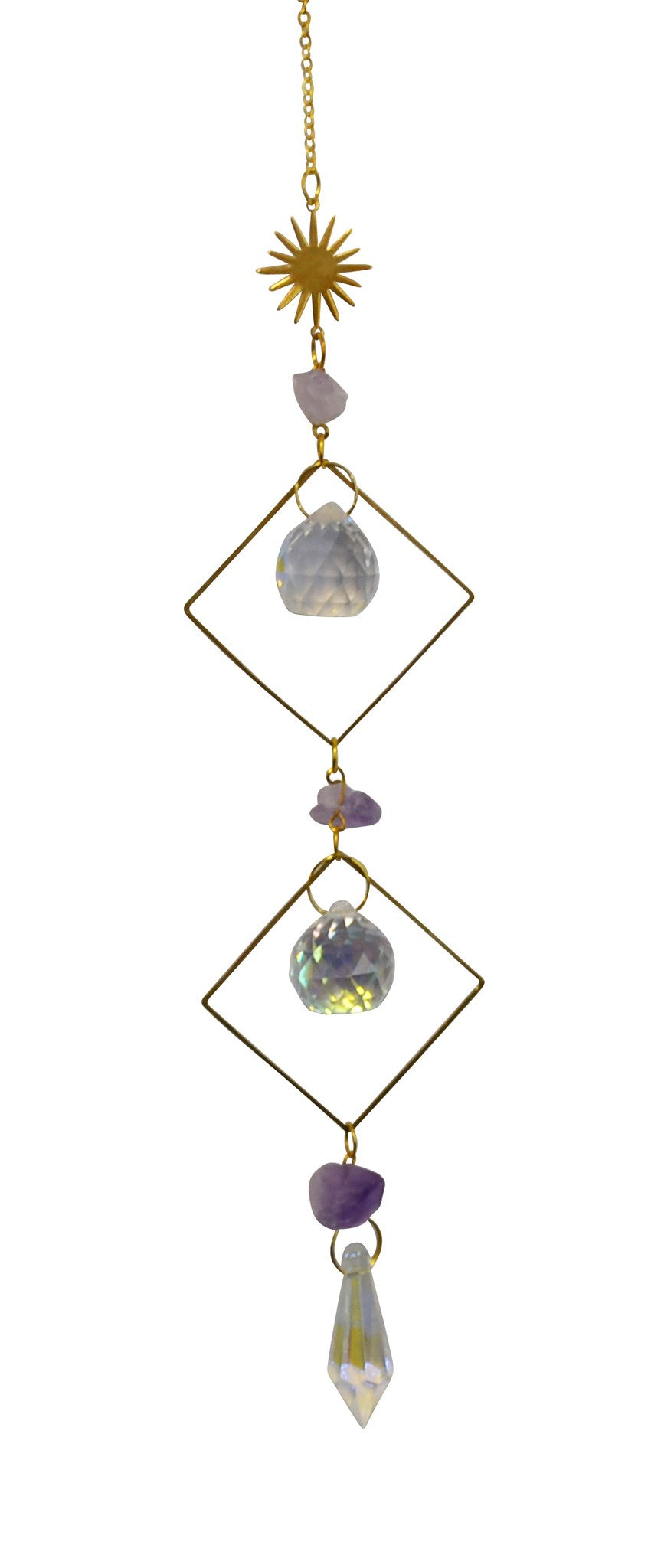 Decorative hanging chain with gemstone pendants on a white background