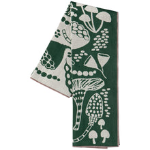 Reversible Double Cloth Danica Canada Dish towel with white forest pattern featuring mushrooms and plants on a solid Forest Green 