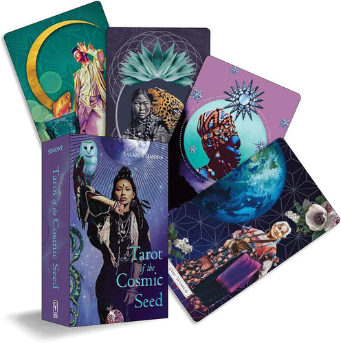 Tarot cards with colorful designs and 'Tarot of the Cosmic Seed' box on a white background