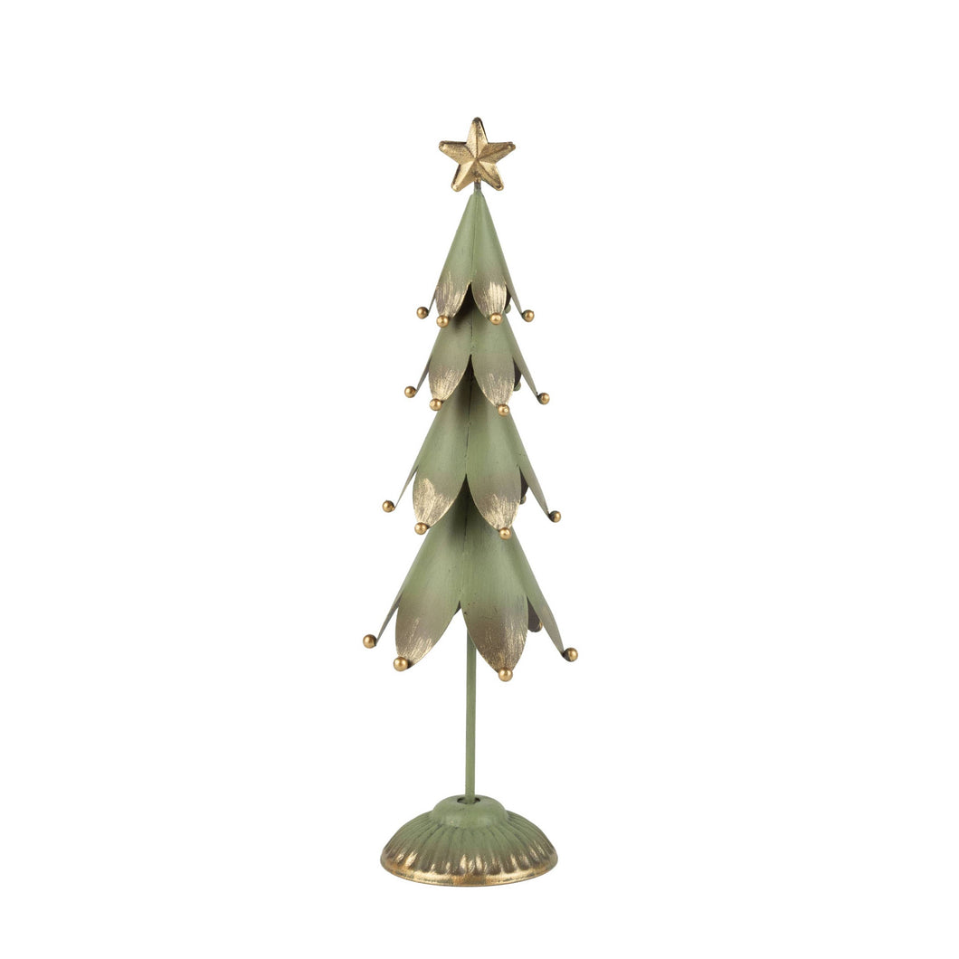 A small decorative metal Christmas tree with a muted sage green finish and gold-toned star topper and accents, shown on a plain white background.