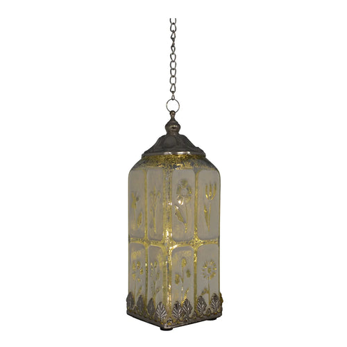 A vintage-style hanging lantern with a dark metal chain, top cap, and base, featuring frosted glass panels decorated with gold floral and religious motifs.