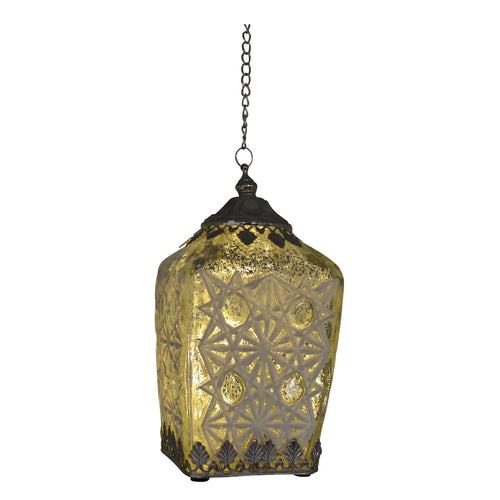 A hanging pendant lantern with a textured gold glass shade featuring intricate cutout geometric and floral patterns, supported by a dark metal frame and suspended by a chain.