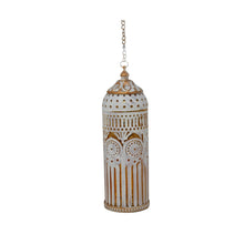 A hanging decorative lantern with a distressed white finish and warm brown antiqued detailing, featuring an owl face design on the front and a silver-toned hanging chain.