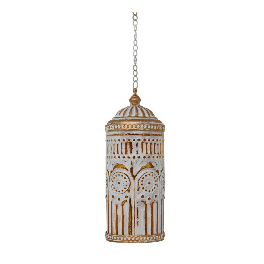 A cylindrical hanging pendant light with a distressed white and gold finish, featuring intricate cutout patterns and a chain suspension, shown against a plain white background.