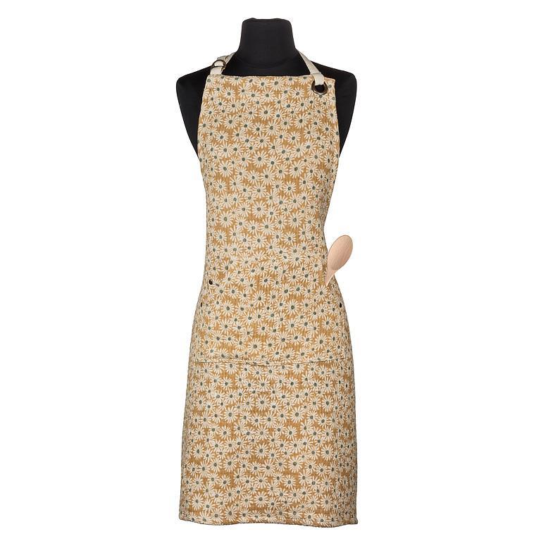 Cotton apron with daisy print in yellow, beige and blue