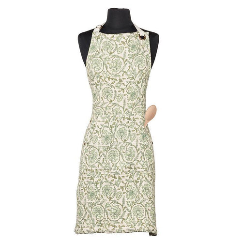 Cotton apron with green floral pattern, pockets and adjustable strap