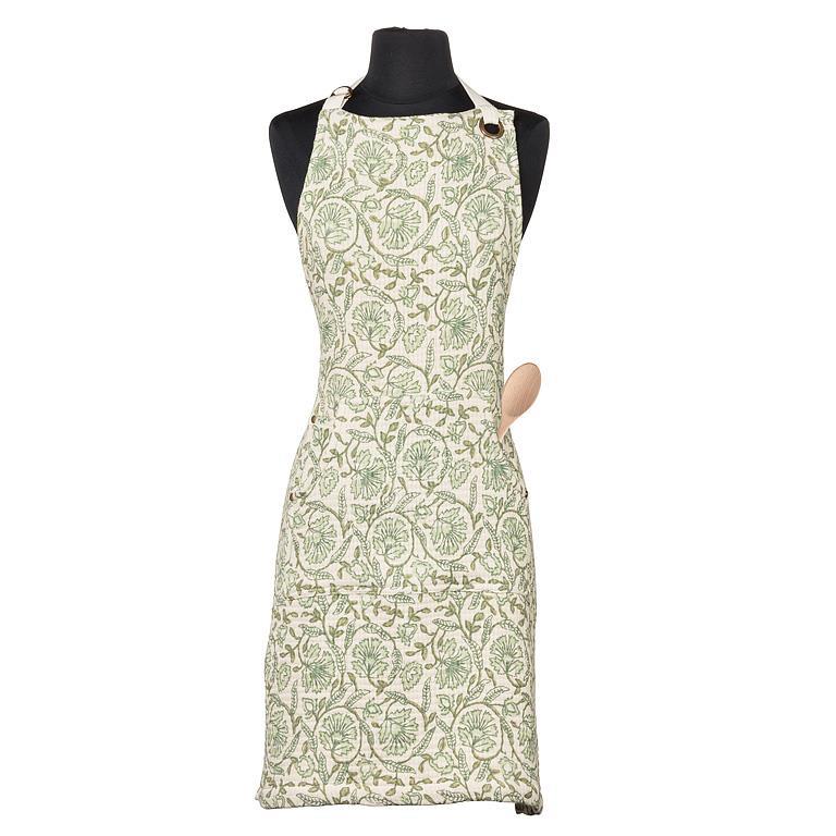 Cotton apron with green floral pattern, pockets and adjustable strap