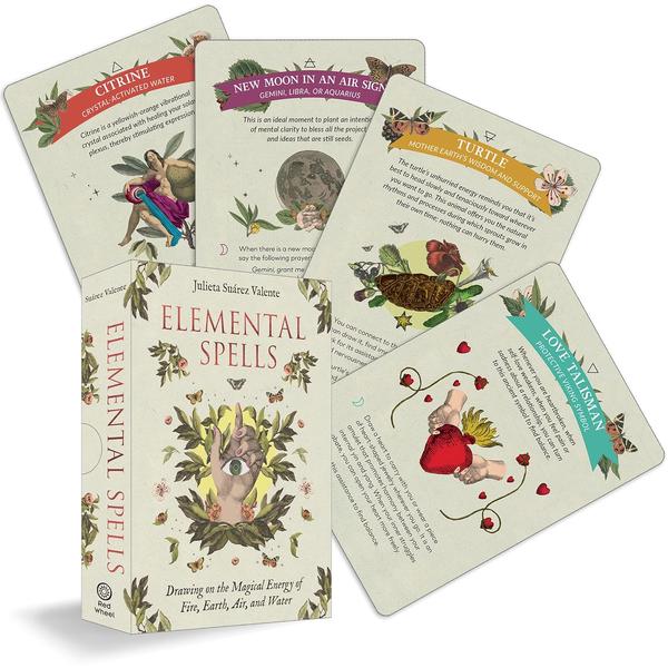 Set of 'Elemental Spells' cards with colorful designs and text on a white background