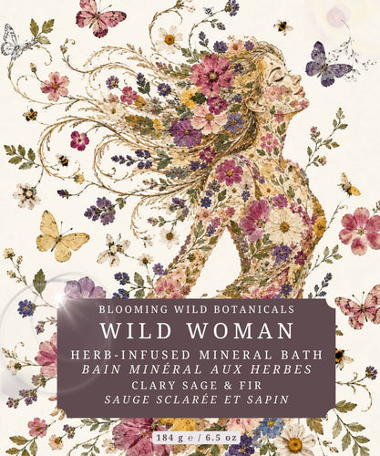 Product packaging for 'Wild Woman' herb-infused mineral bath with floral and butterfly design.