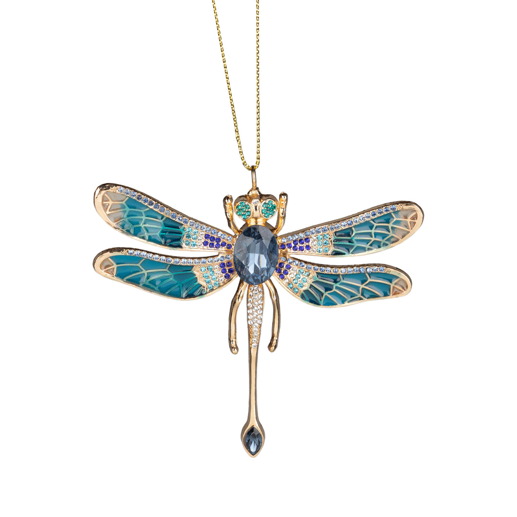 Blue Bejewelled Dragonfly Ornament on Gold Frame Against White Background