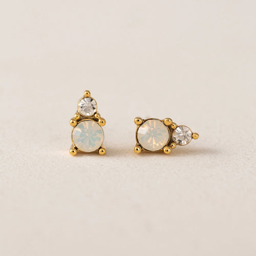 Gold Stud Earrings White Opal Stone Lover's Tempo