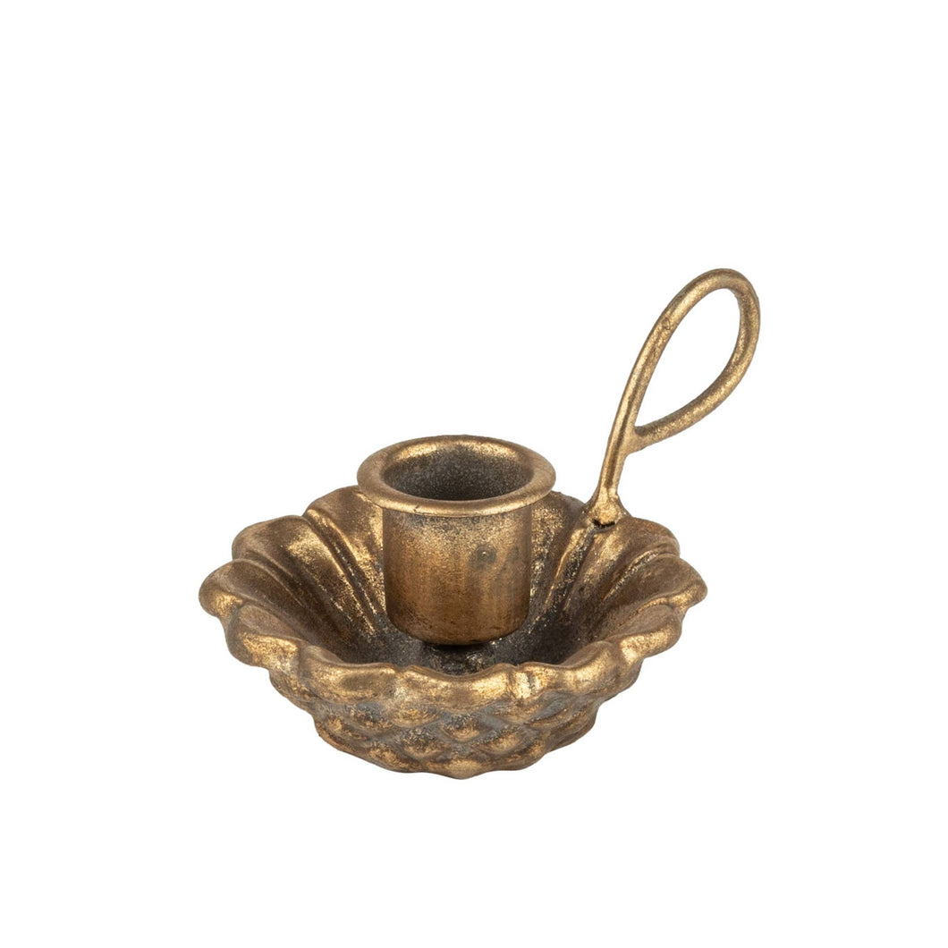 Gold Cast Iron Petal Taper Candle Holder Against White Background