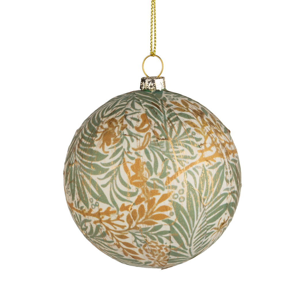 Green and Gold Round Plastic and Paper Christmas ornament Against White Background