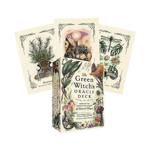Green Witch's Oracle Deck packaging with illustrations of plants and nature on a white background