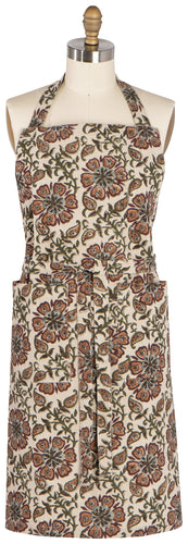 Floral patterned apron on a mannequin against a white background