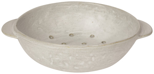 White ceramic colander with handles on a white background