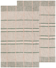Two plaid tea towels with green and beige pattern on a white background