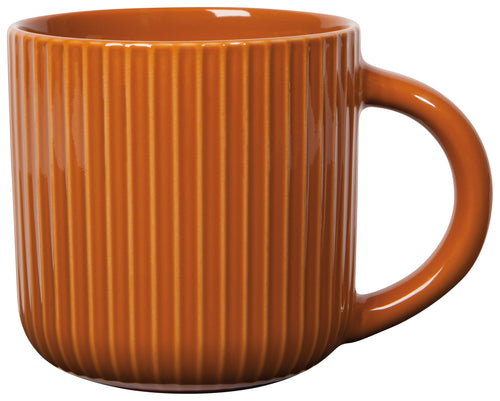 Brown ceramic mug with ribbed texture on a white background