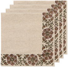 Set of 4 Beige Cotton Napkins With Block Printed Floral Border in Tones of Rust Olive and Burgundy
