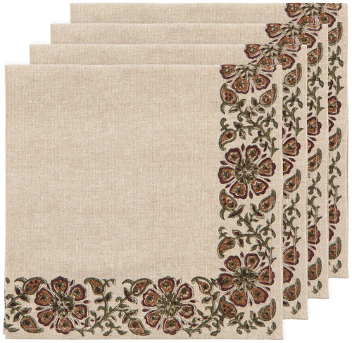Set of 4 Beige Cotton Napkins With Block Printed Floral Border in Tones of Rust Olive and Burgundy