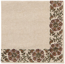 Set of 4 Beige Cotton Napkins With Block Printed Floral Border in Tones of Rust Olive and Burgundy