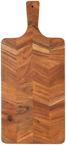Acacia wooden cutting board with a chevron pattern on a white background