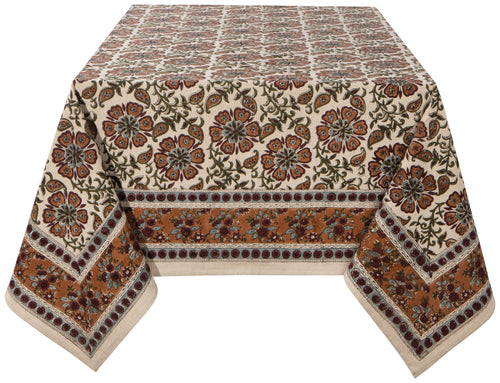 Decorative tablecloth with floral pattern on a white background