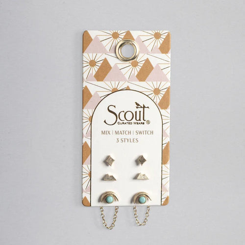 Packaged earring set with 'Scout' branding on a gray background