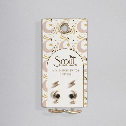 Scout earring set on a decorative card with celestial design