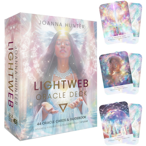 Lightweb Oracle Deck packaging with cards displayed, featuring a woman and celestial designs.