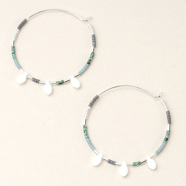 Turquoise & Silver Miyuki Glass Bead Hoop Earrings 