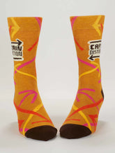 Pair of socks with orange, yellow, and pink pattern on a white background