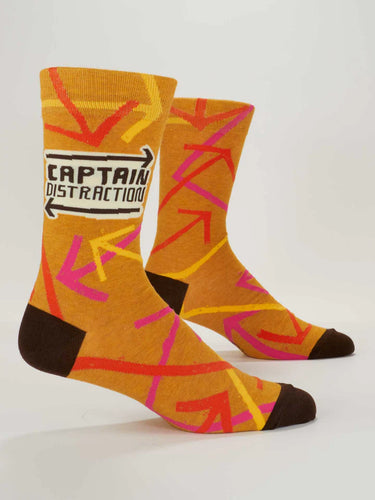 Orange socks with pink and red patterns and 'Captain Distraction' logo on a white background