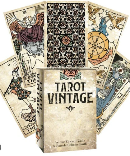 Collection of tarot cards with a vintage design and 'Tarot Vintage' box.