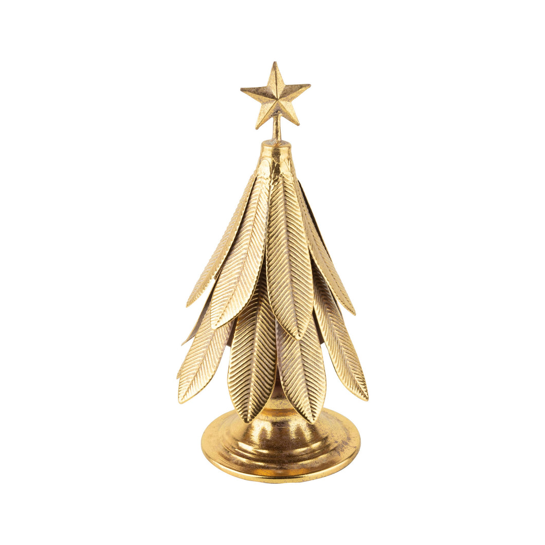 Small Metallic Tabletop Christmas Tree Against White Background