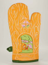 Oven mitt with a cartoon design of a house and animals on an orange background