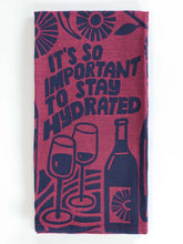 Tea towel with wine graphics and text 'It's so important to stay hydrated' on a white background