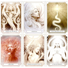 Set of tarot cards with artistic illustrations of deities or spiritual figures.