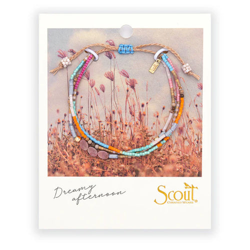 Set of colorful beaded bracelets on a card with 'Scout' branding and 'Dreamy Afternoon' text.