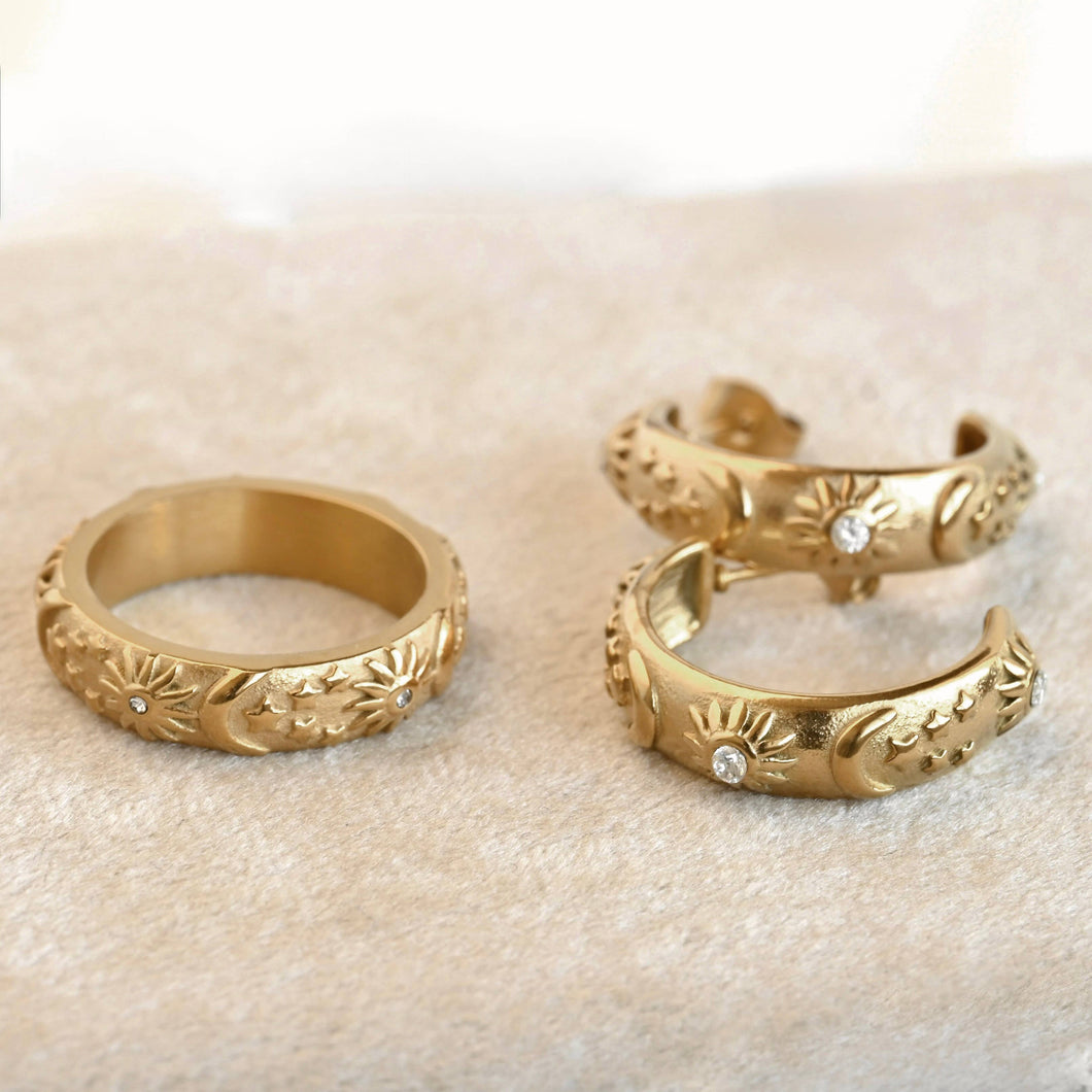 Embossed Sun Moon & Stars Hoop Earrings - Stainless Steel