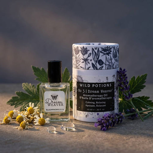 Aromatherapy oil bottle and candle with floral design on a natural background