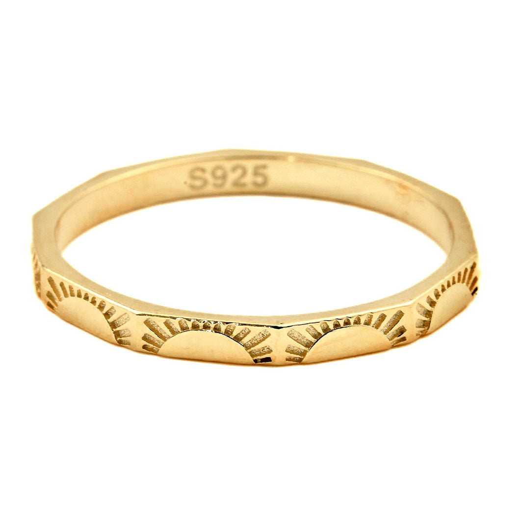 Angular Sun Ring - 925 Sterling Silver Engraved Sun Band