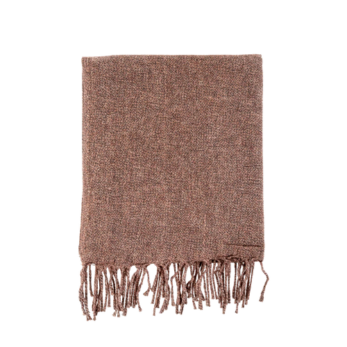 Brown/Mauve woven blanket with fringes on a white background