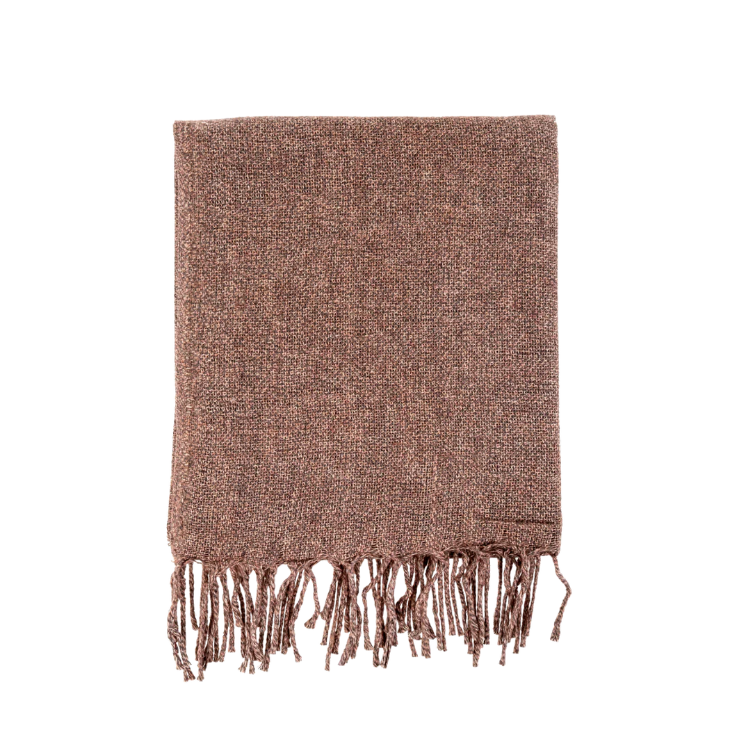 Brown/Mauve woven blanket with fringes on a white background