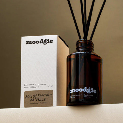 Brown reed diffuser bottle with 'moodgie' branding next to its packaging on a beige surface. 