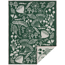 Reversible Double Cloth Danica Canada Dish towel with white forest pattern featuring mushrooms and plants on a solid Forest Green background 