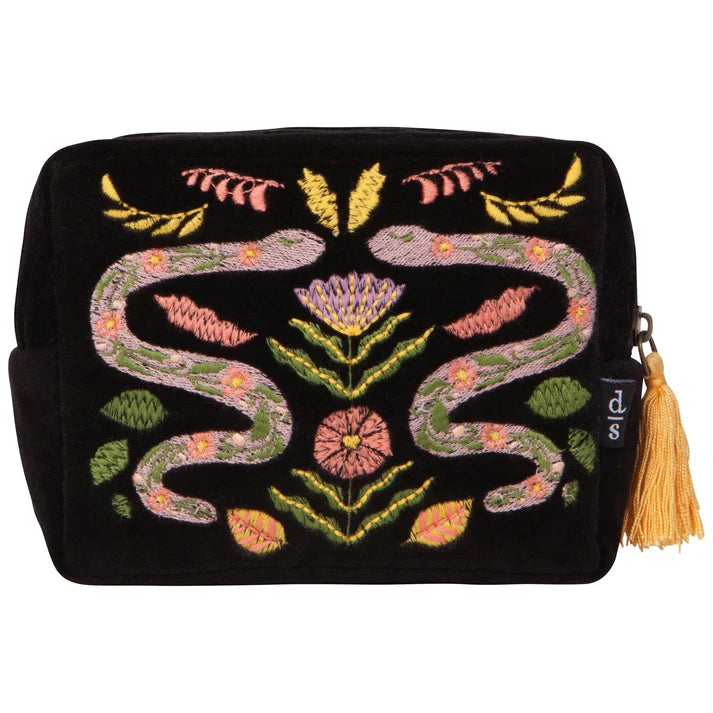 Black pouch with colorful embroidered design featuring snakes and flowers on a white background.