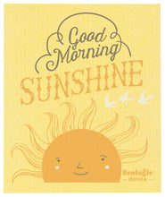 Yellow Swedish Dishclothl with 'Good Morning Sunshine' text and sun design, featuring the brand 'Ecologie danica'.